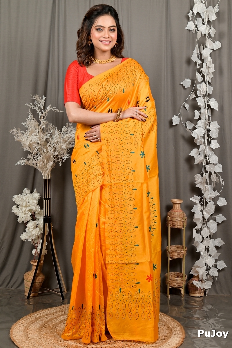 Yellow Cotton Varitikath Kantha Stitch Saree (3133)