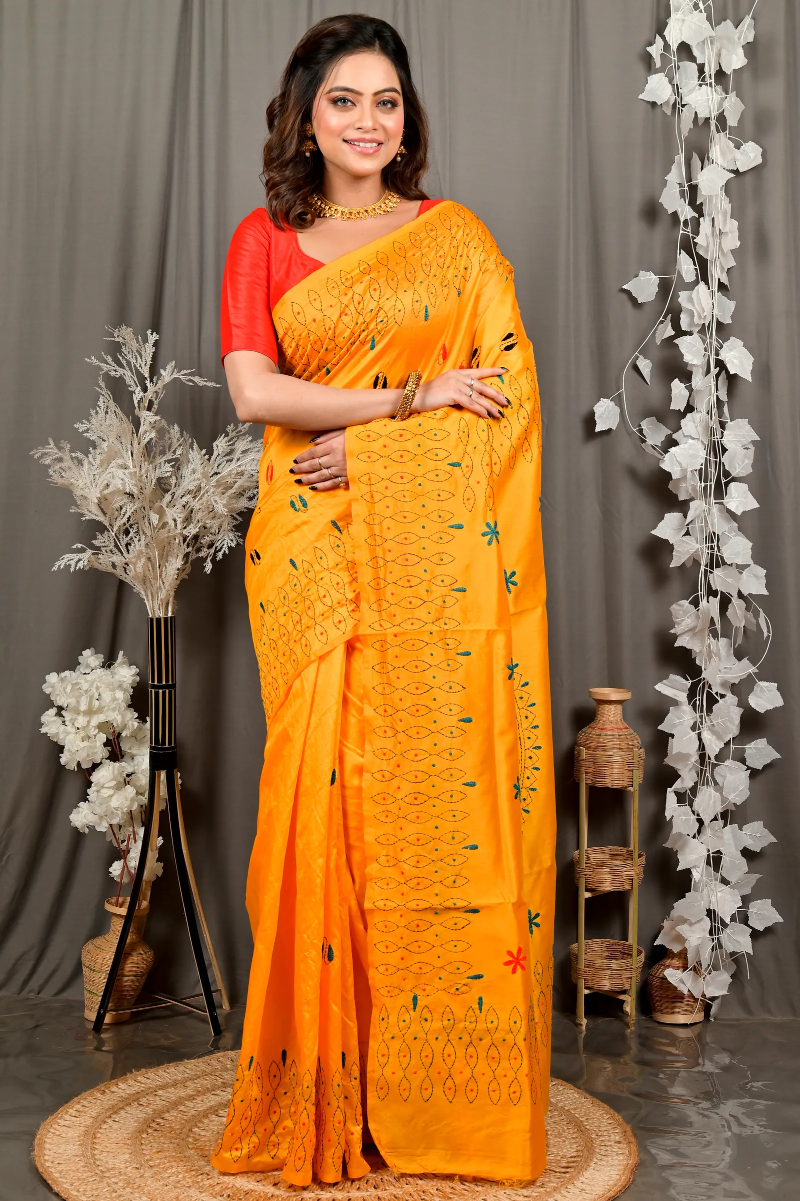 Yellow Cotton Varitikath Kantha Stitch Saree (3133)