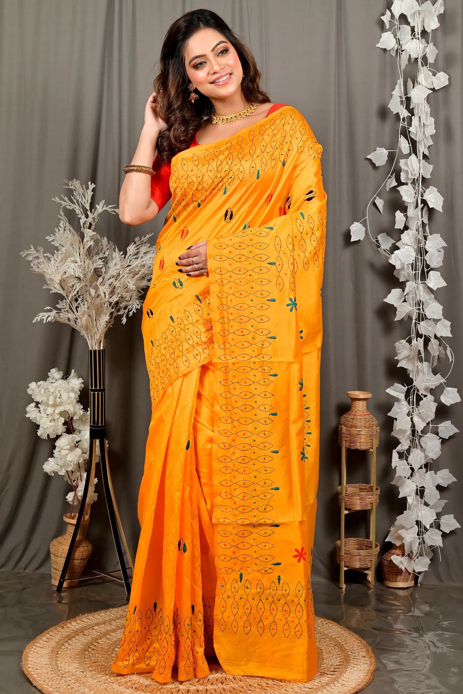 Yellow Cotton Varitikath Kantha Stitch Saree (3133)