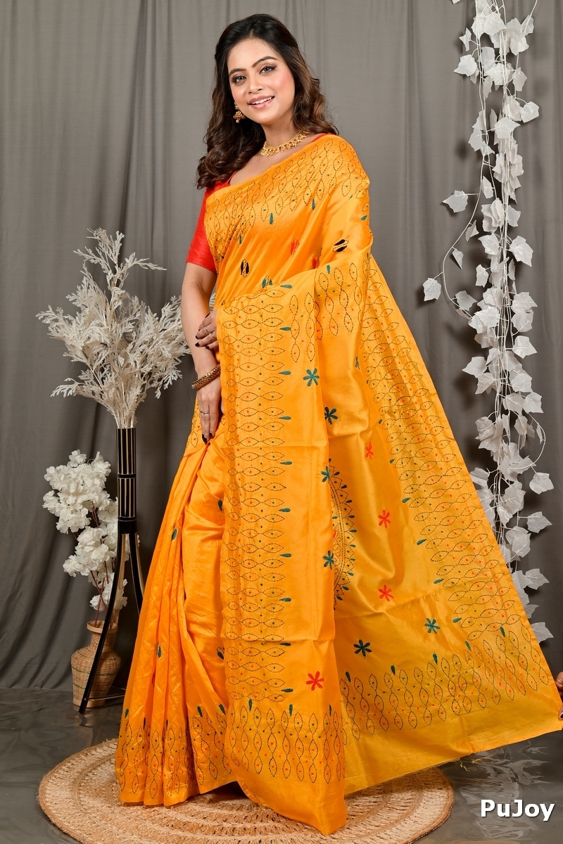 Yellow Cotton Varitikath Kantha Stitch Saree (3133)