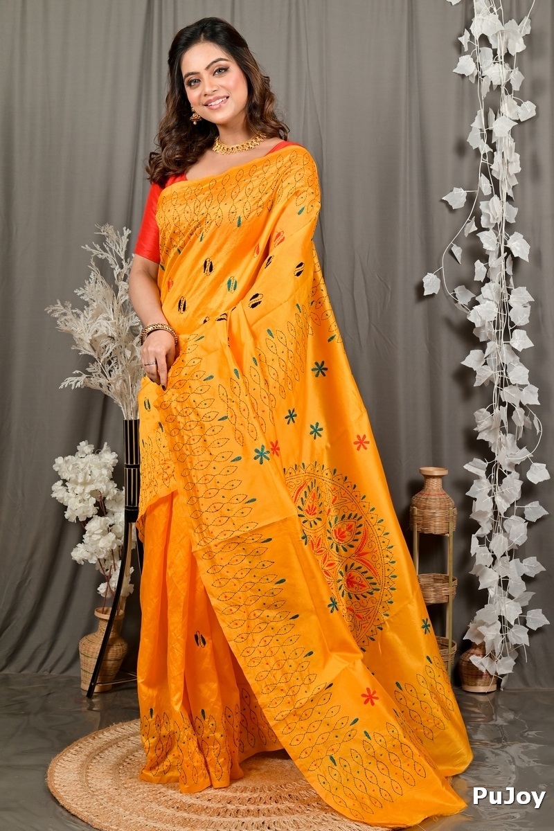 Yellow Cotton Varitikath Kantha Stitch Saree (3133)