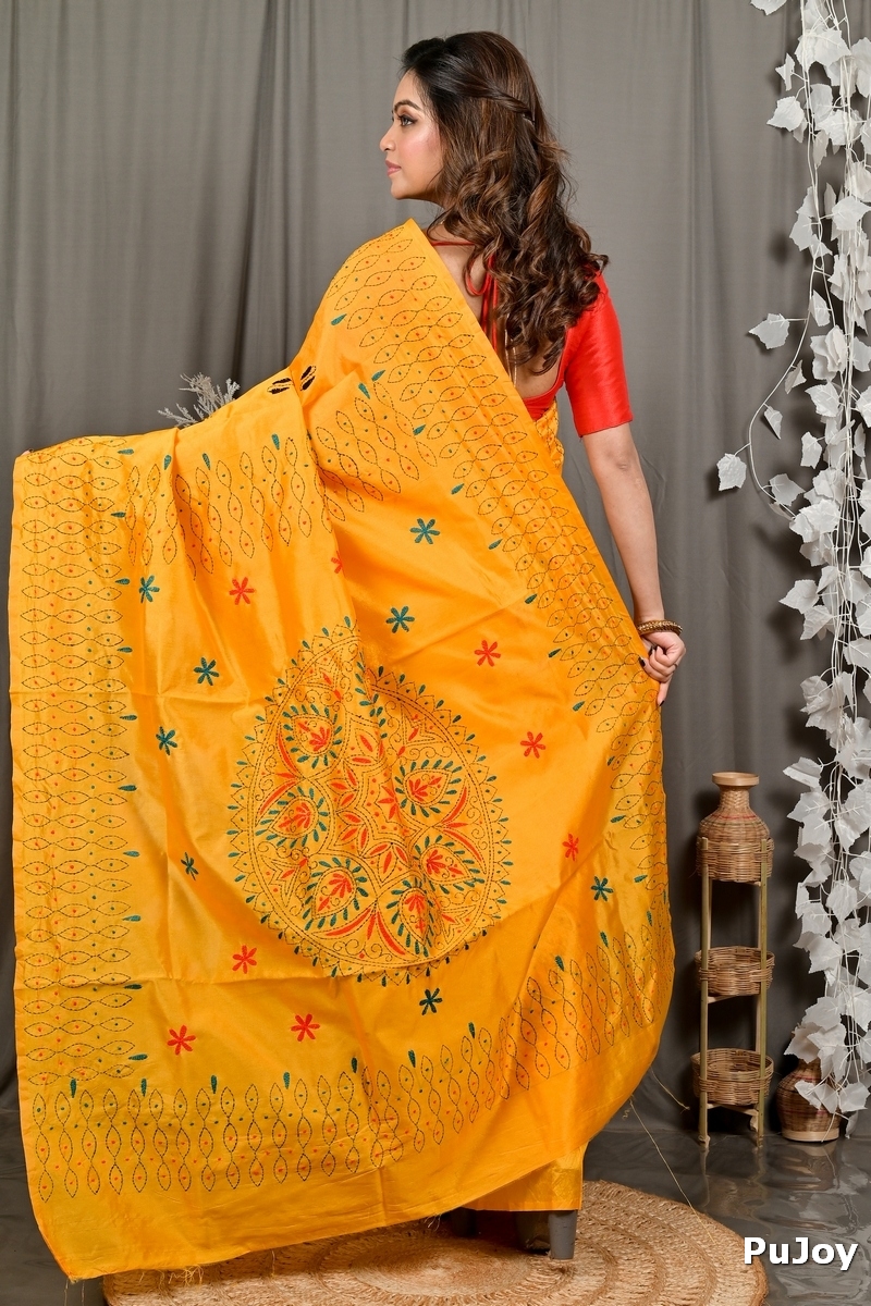 Yellow Cotton Varitikath Kantha Stitch Saree (3133)