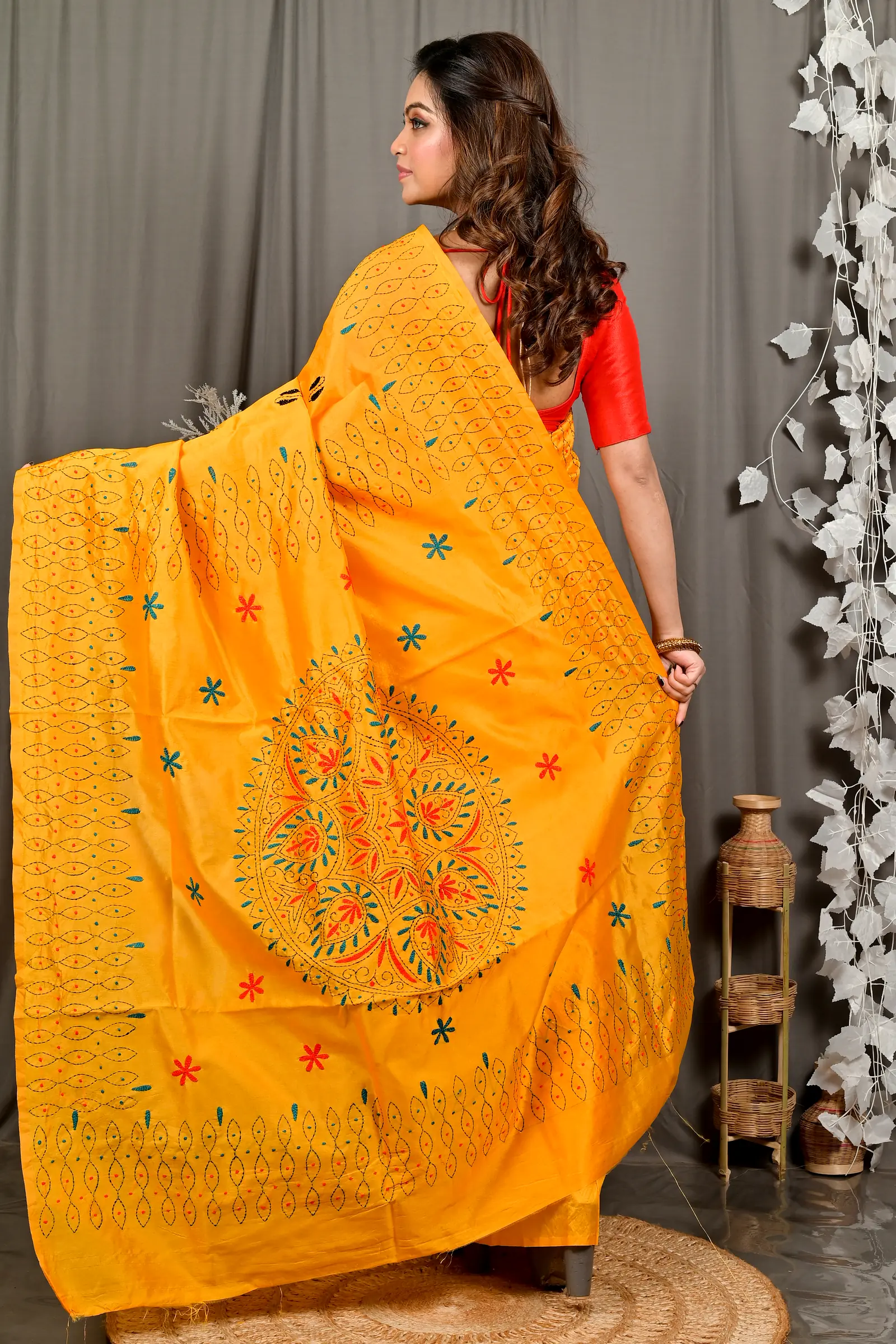 Yellow Cotton Varitikath Kantha Stitch Saree (3133)