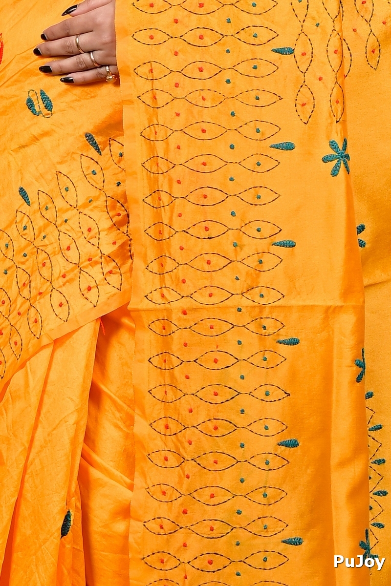 Yellow Cotton Varitikath Kantha Stitch Saree (3133)