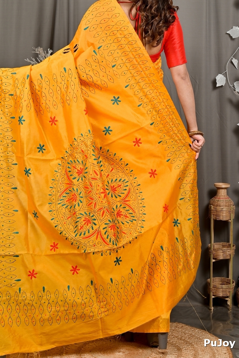 Yellow Cotton Varitikath Kantha Stitch Saree (3133)
