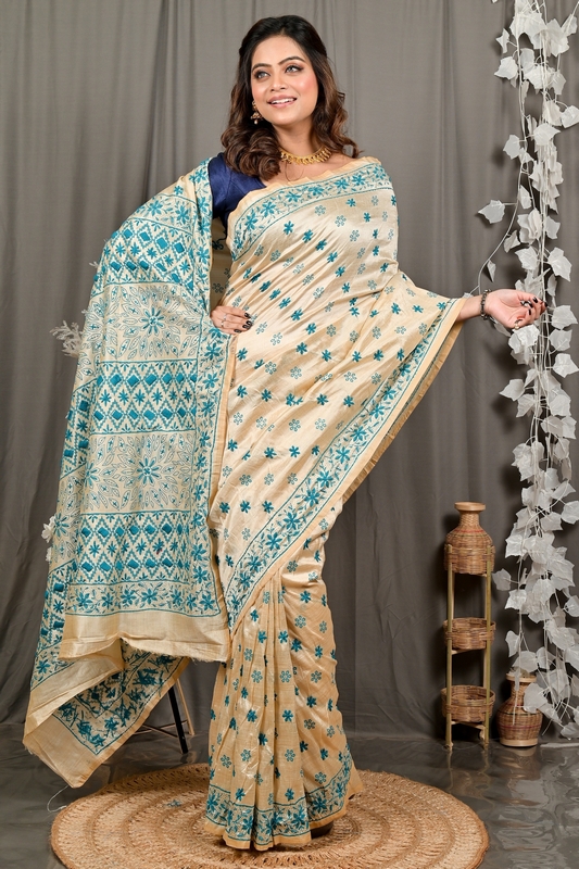 Off White Green Cotton Varitikath Kantha Stitch Saree (3134)