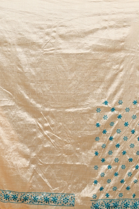 Off White Green Cotton Varitikath Kantha Stitch Saree (3134)