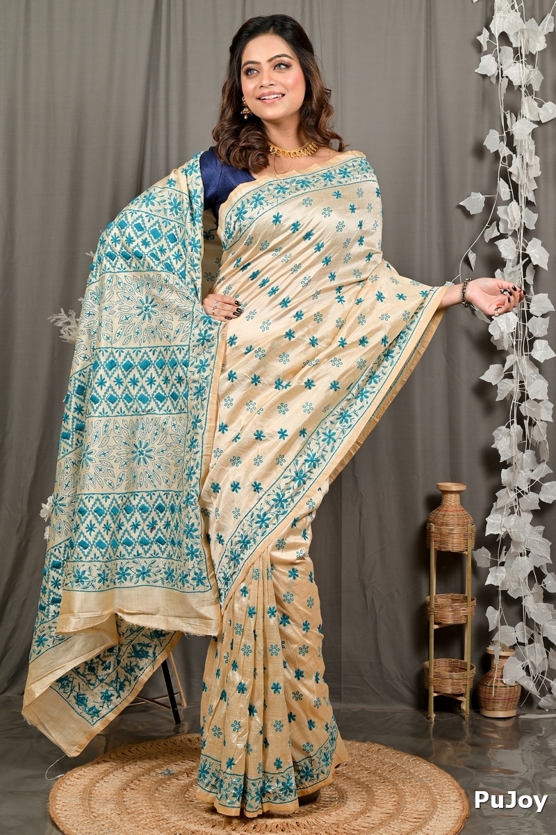 Off White Green Cotton Varitikath Kantha Stitch Saree (3134)