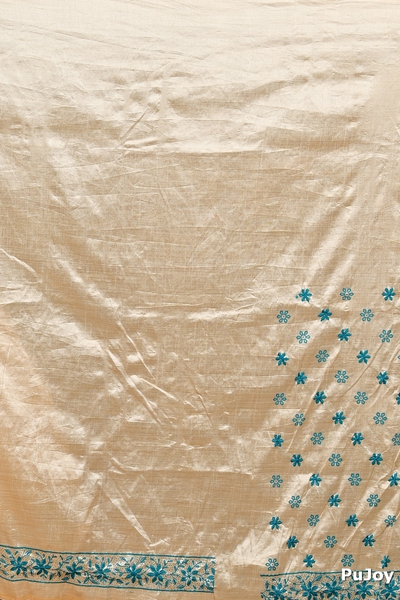 Off White Green Cotton Varitikath Kantha Stitch Saree (3134)