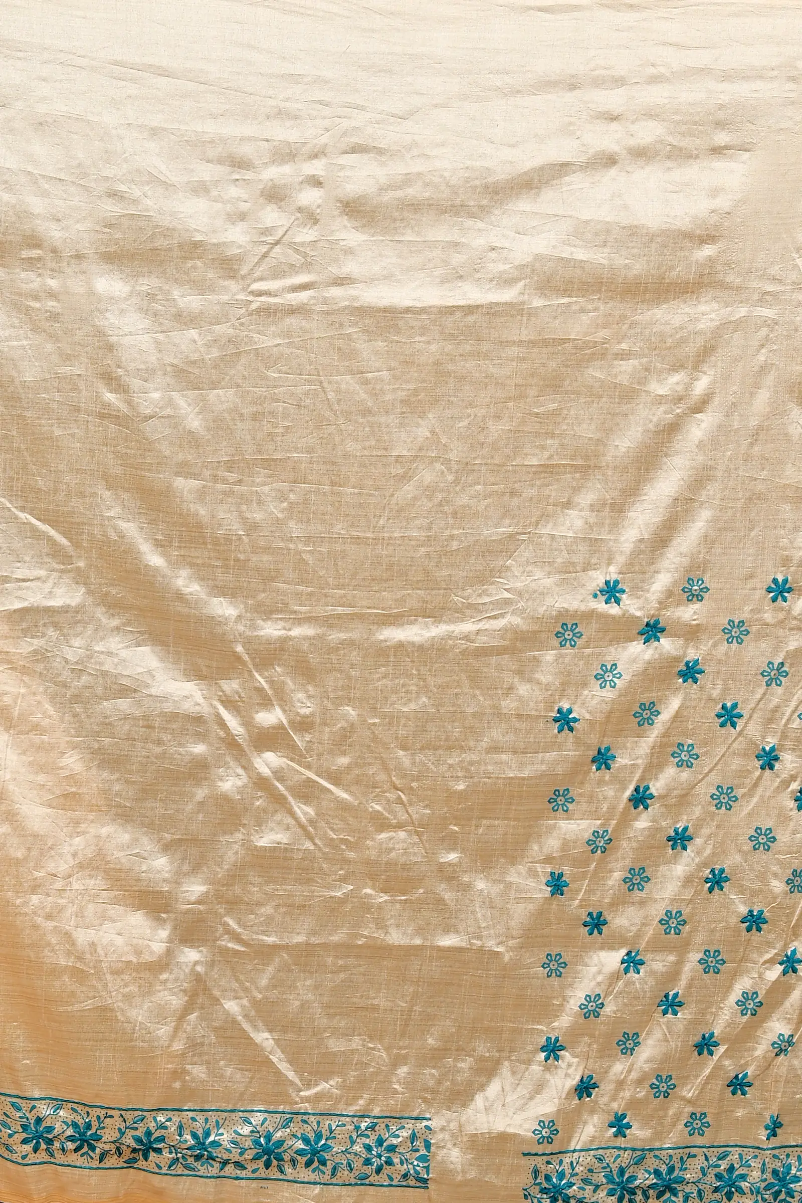 Off White Green Cotton Varitikath Kantha Stitch Saree (3134)