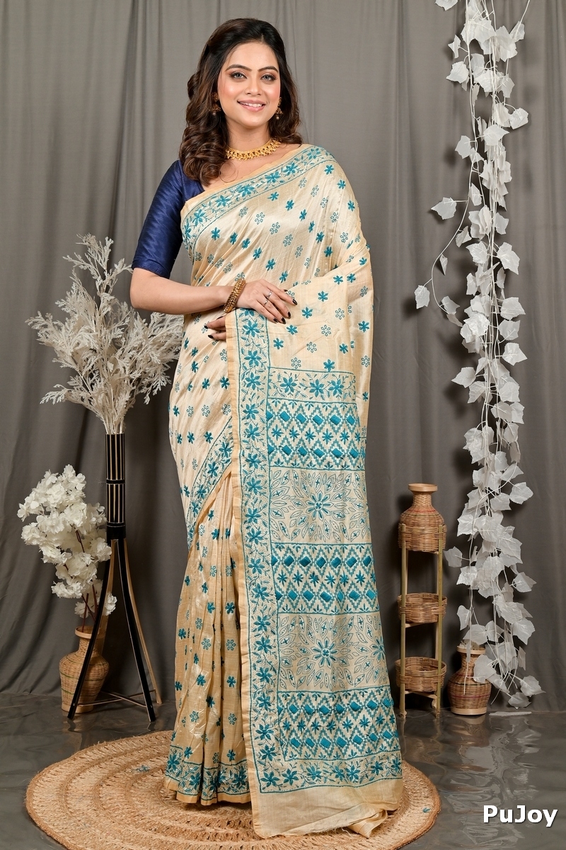 Off White Green Cotton Varitikath Kantha Stitch Saree (3134)