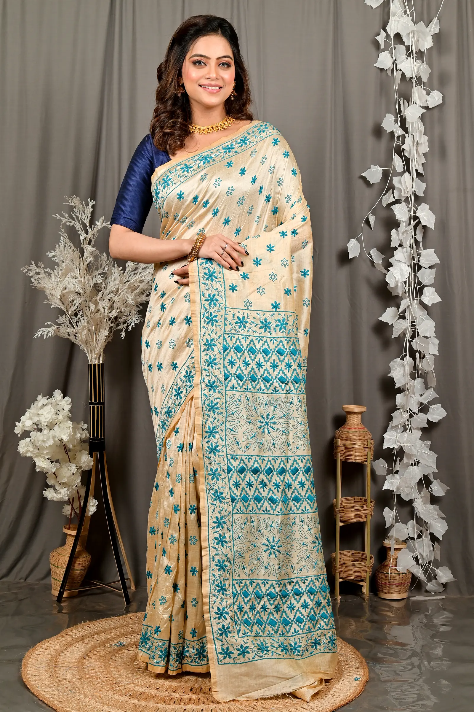 Off White Green Cotton Varitikath Kantha Stitch Saree (3134)