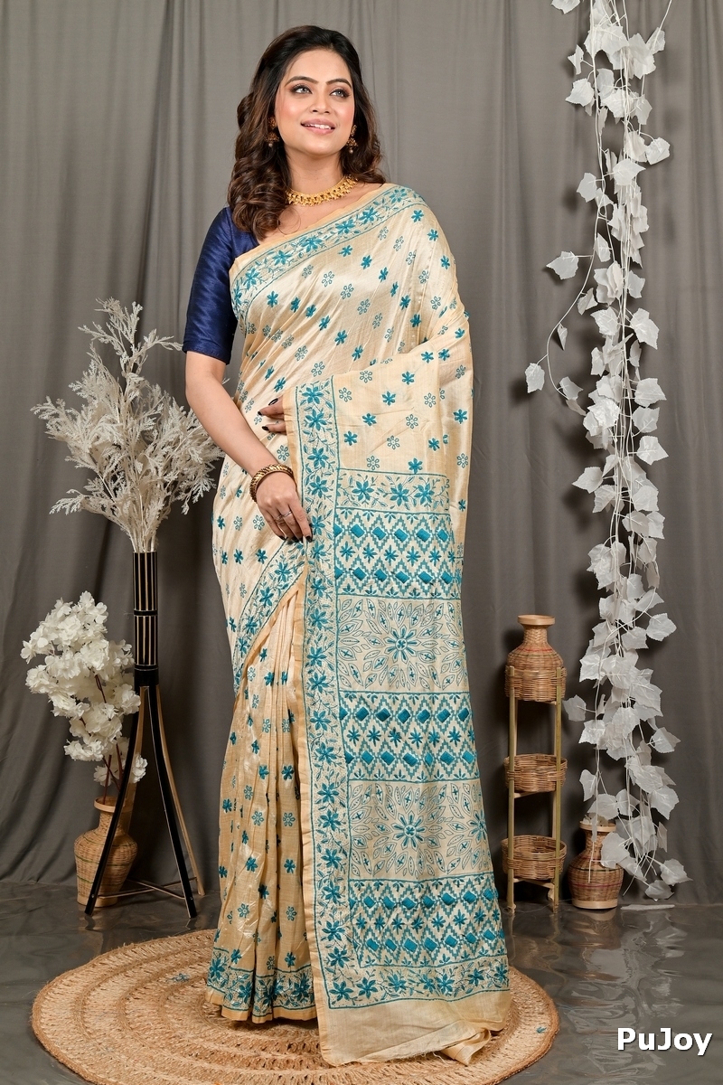Off White Green Cotton Varitikath Kantha Stitch Saree (3134)