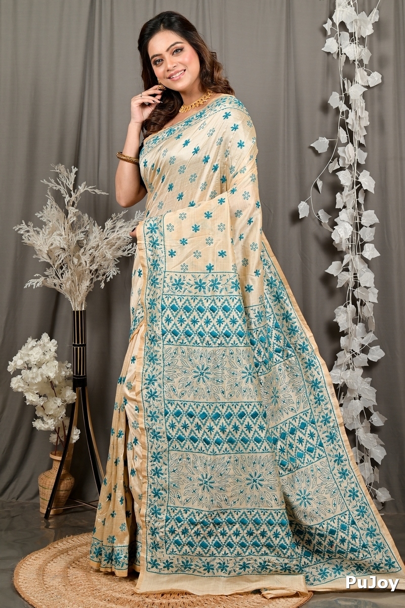 Off White Green Cotton Varitikath Kantha Stitch Saree (3134)