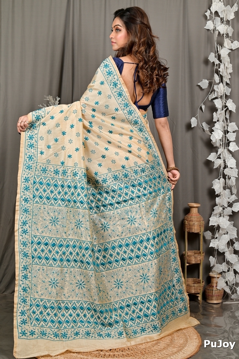 Off White Green Cotton Varitikath Kantha Stitch Saree (3134)