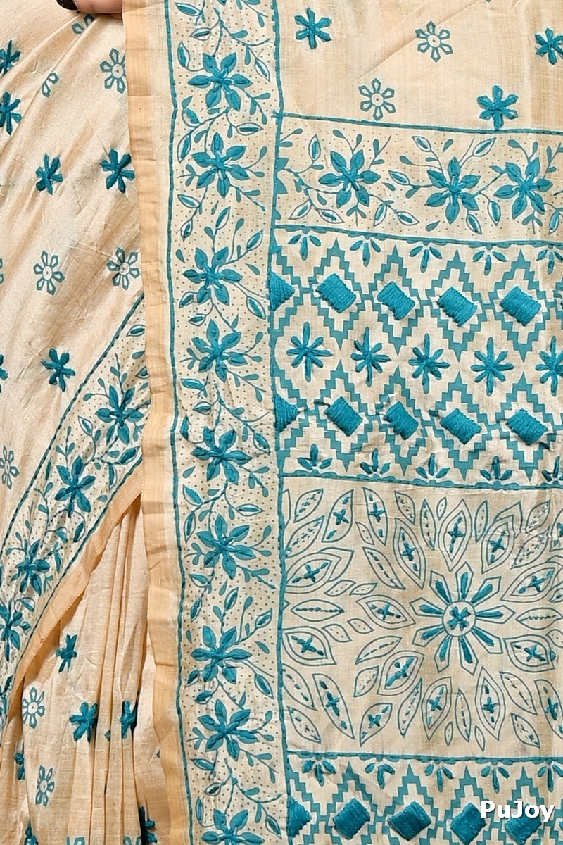 Off White Green Cotton Varitikath Kantha Stitch Saree (3134)