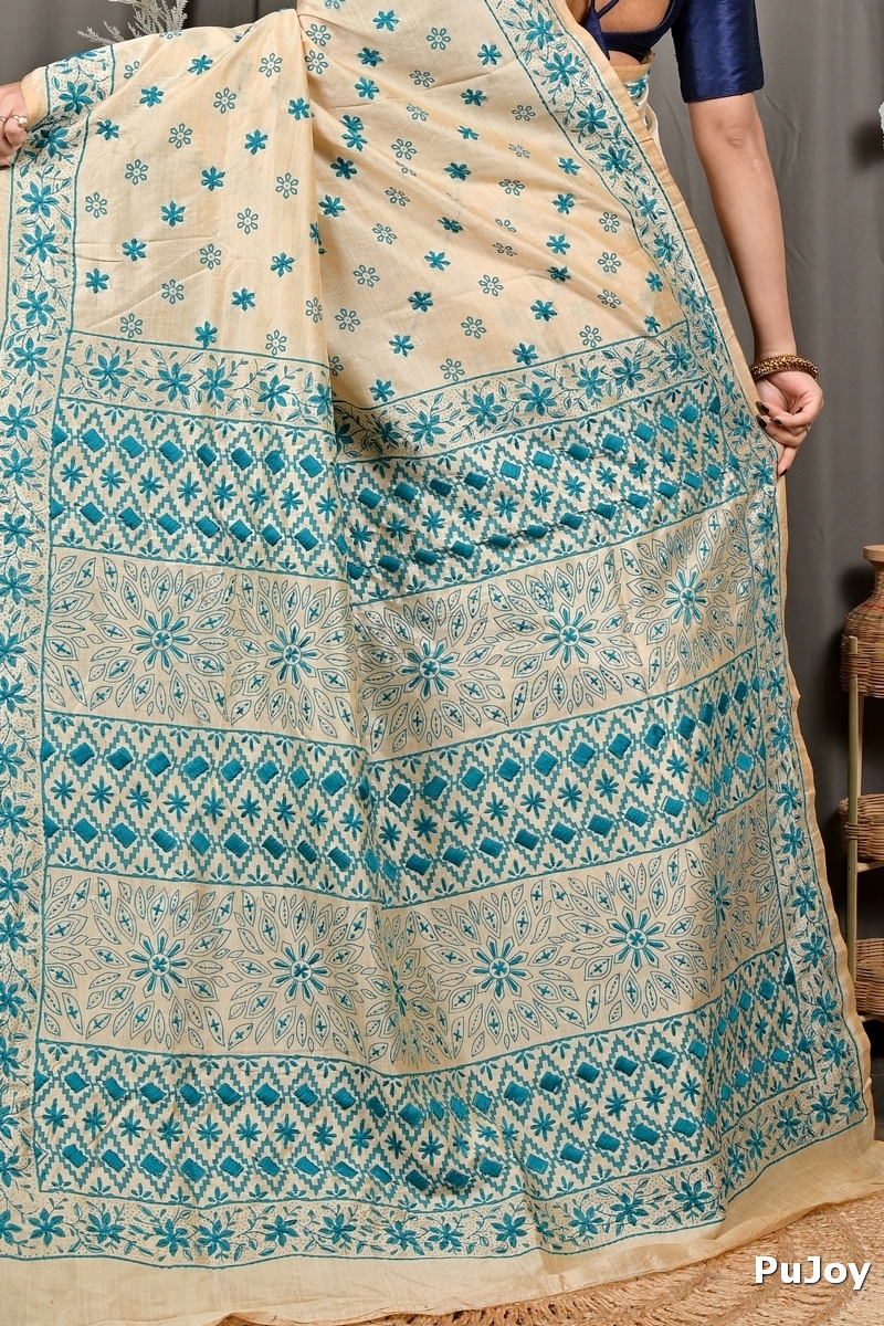 Off White Green Cotton Varitikath Kantha Stitch Saree (3134)