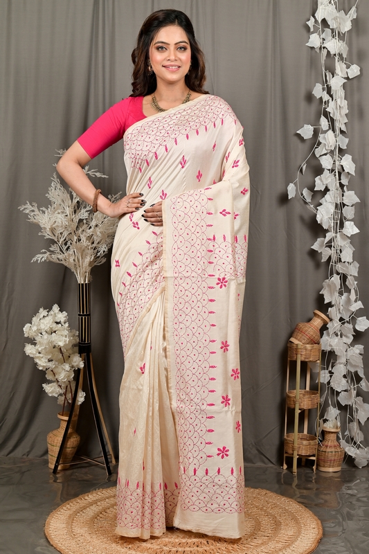 Off White Pink Cotton Varitikath Kantha Stitch Saree (3135)