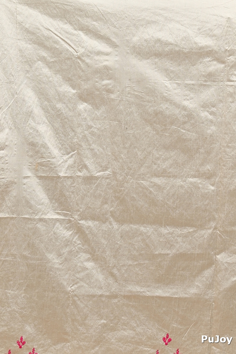 Off White Pink Cotton Varitikath Kantha Stitch Saree (3135)