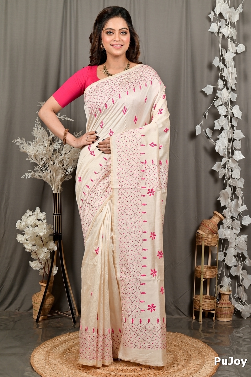Off White Pink Cotton Varitikath Kantha Stitch Saree (3135)