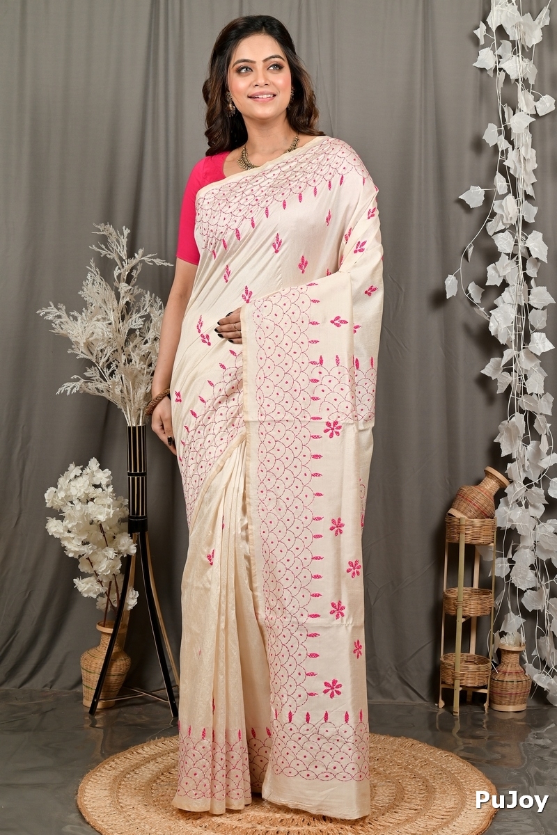 Off White Pink Cotton Varitikath Kantha Stitch Saree (3135)