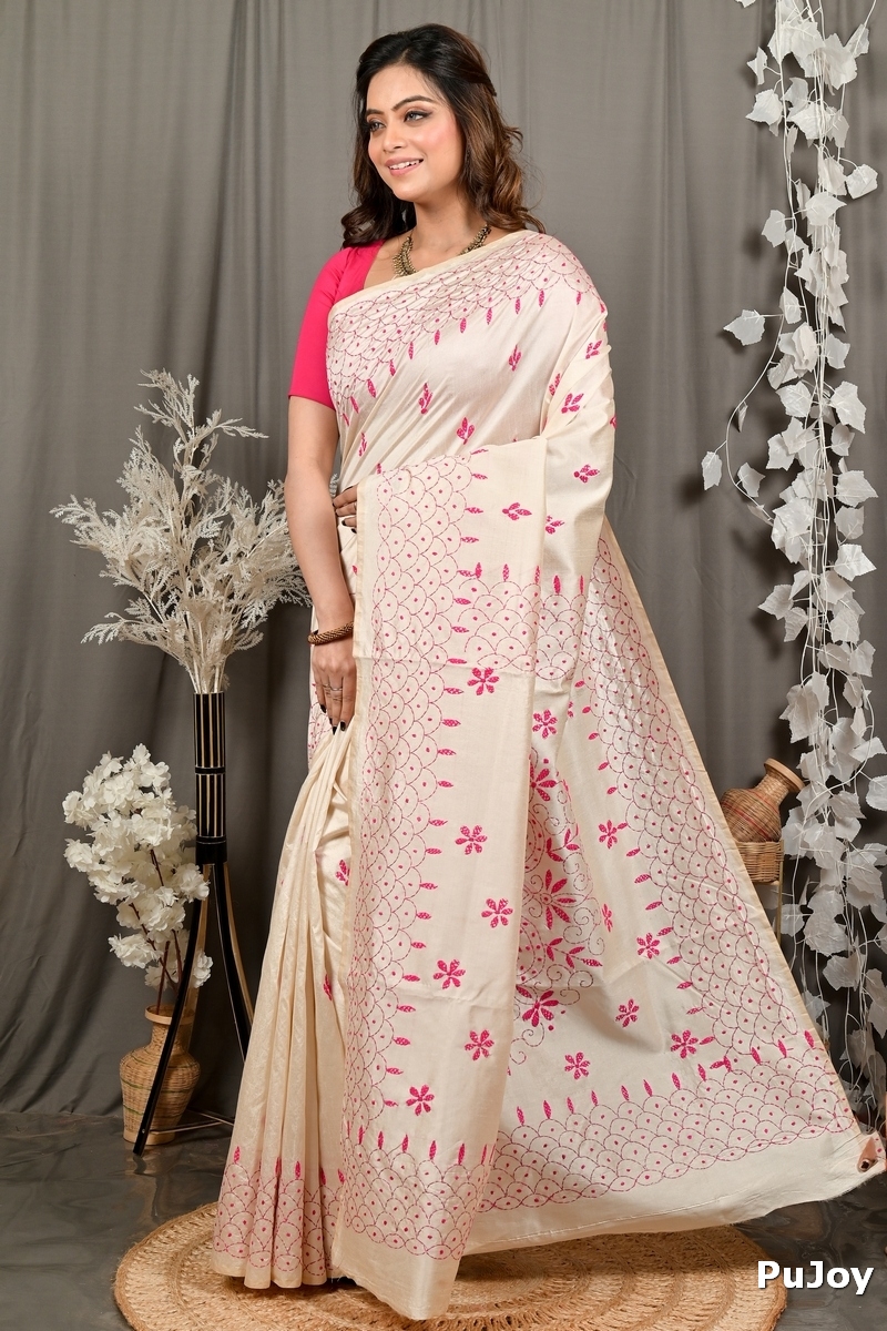 Off White Pink Cotton Varitikath Kantha Stitch Saree (3135)