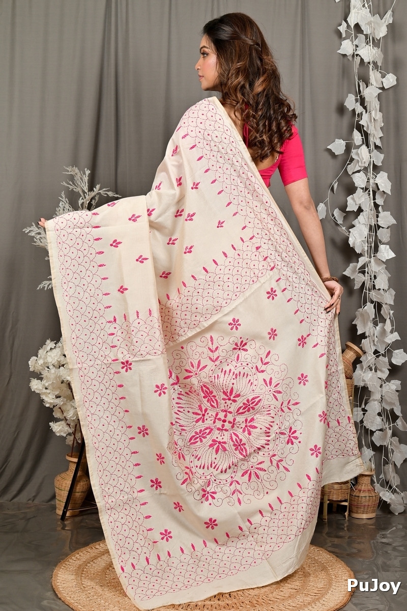 Off White Pink Cotton Varitikath Kantha Stitch Saree (3135)