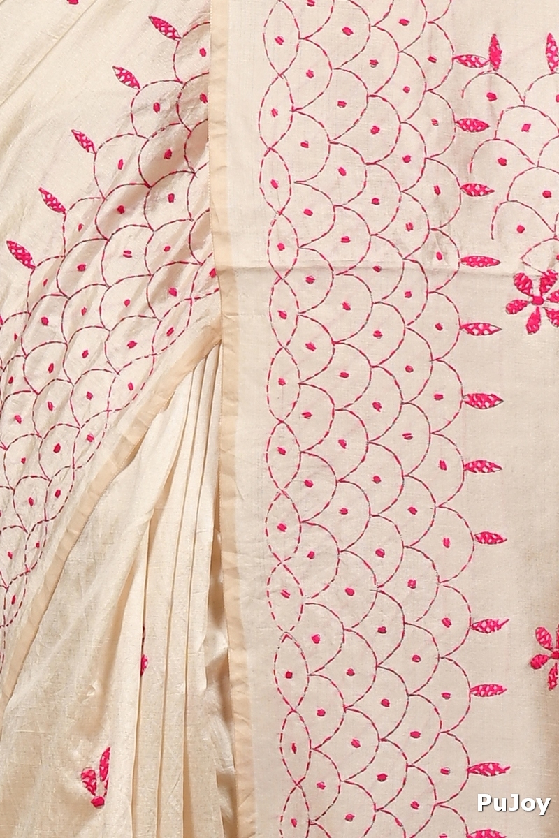 Off White Pink Cotton Varitikath Kantha Stitch Saree (3135)