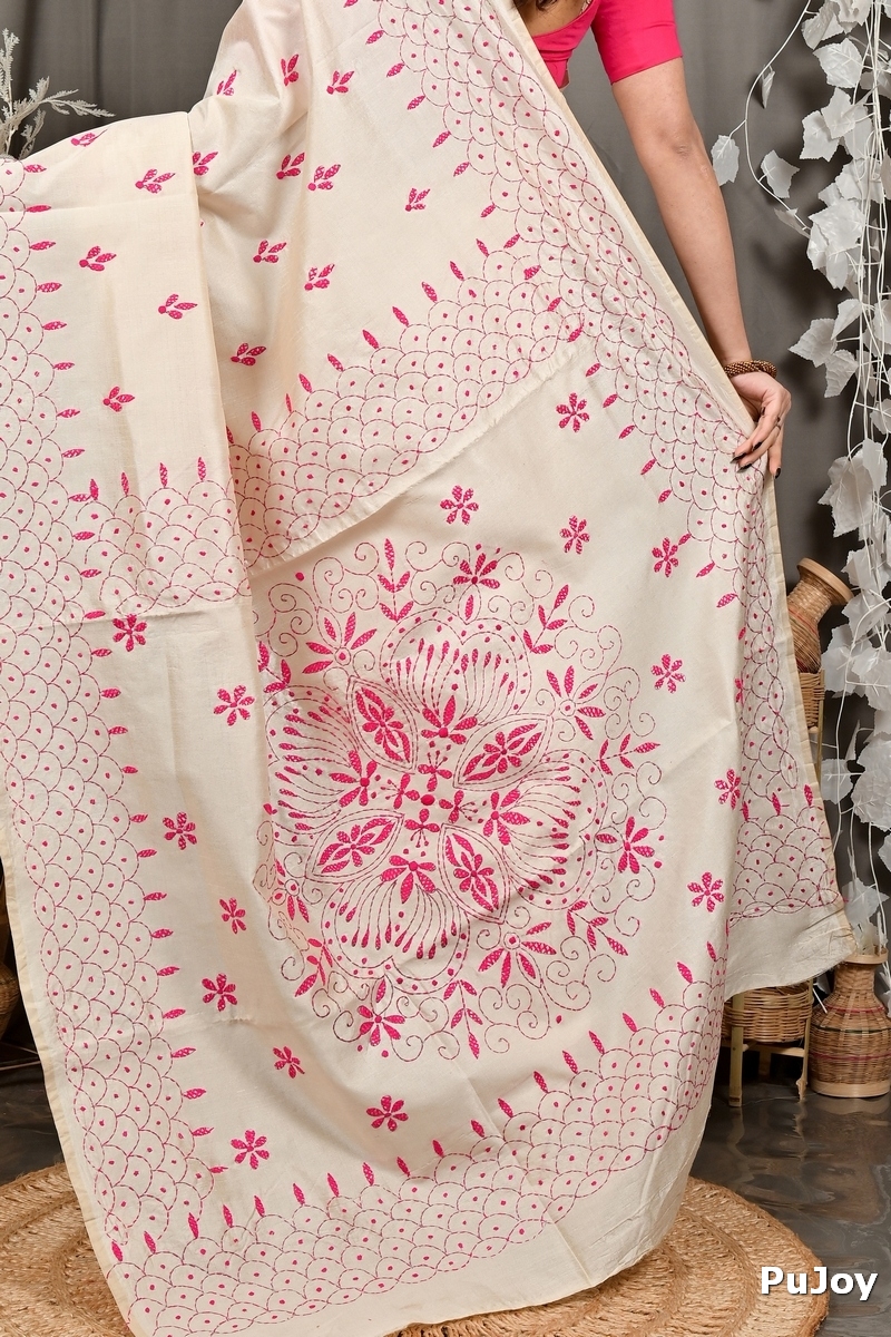 Off White Pink Cotton Varitikath Kantha Stitch Saree (3135)
