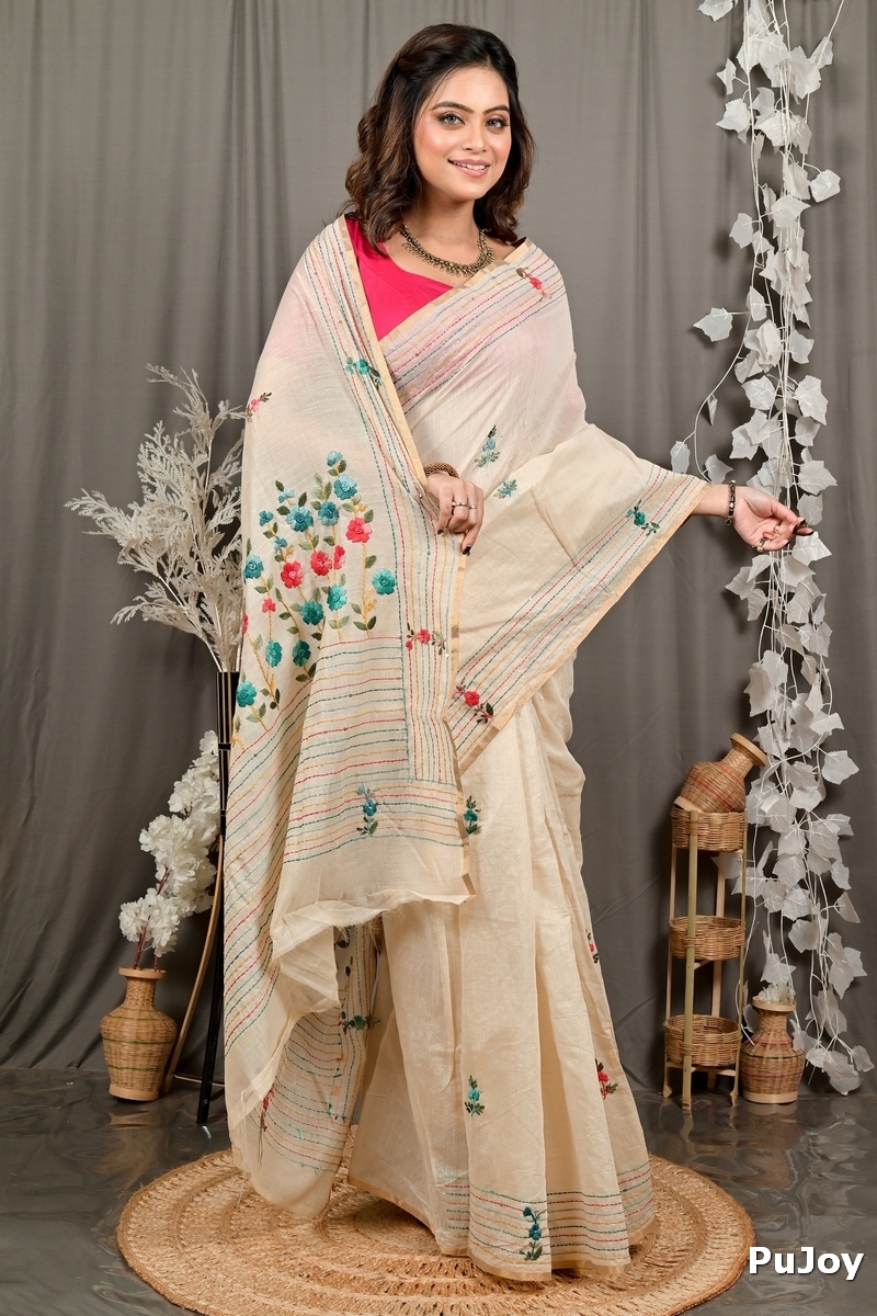 Cream Cotton Varitikath Kantha Stitch Saree (3136)