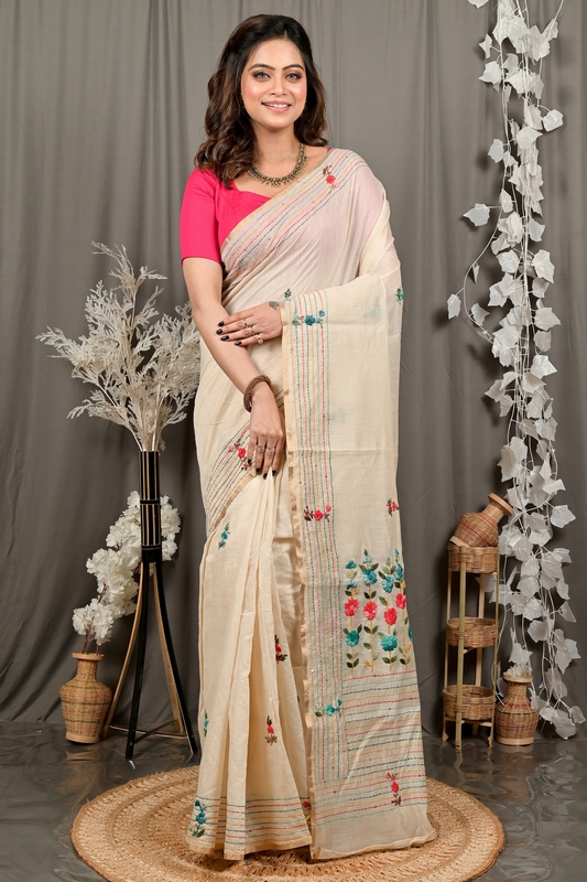 Cream Cotton Varitikath Kantha Stitch Saree (3136)