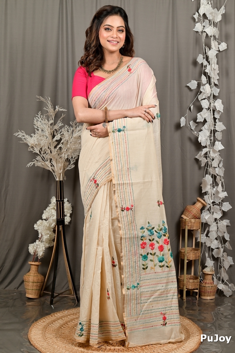 Cream Cotton Varitikath Kantha Stitch Saree (3136)