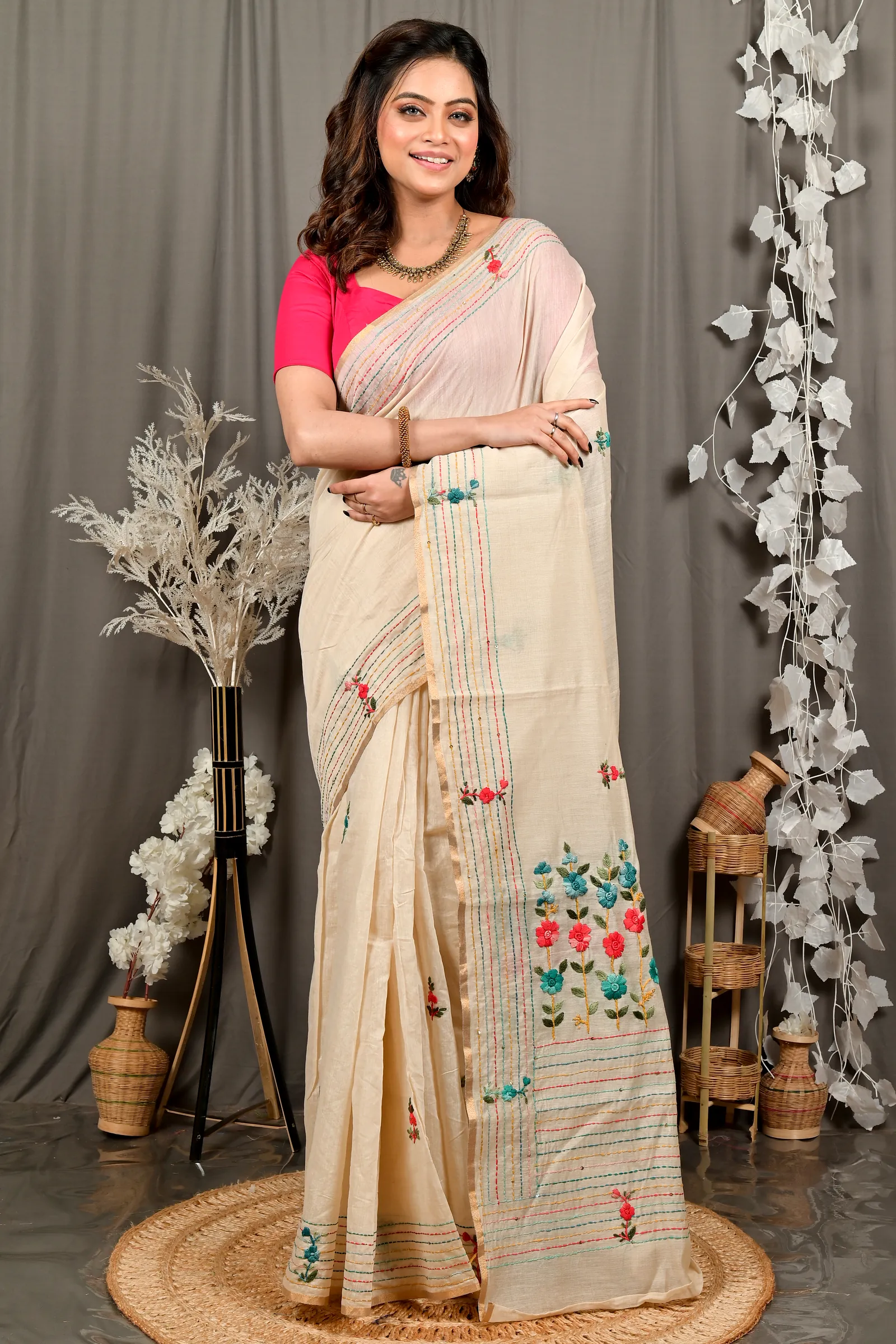 Cream Cotton Varitikath Kantha Stitch Saree (3136)