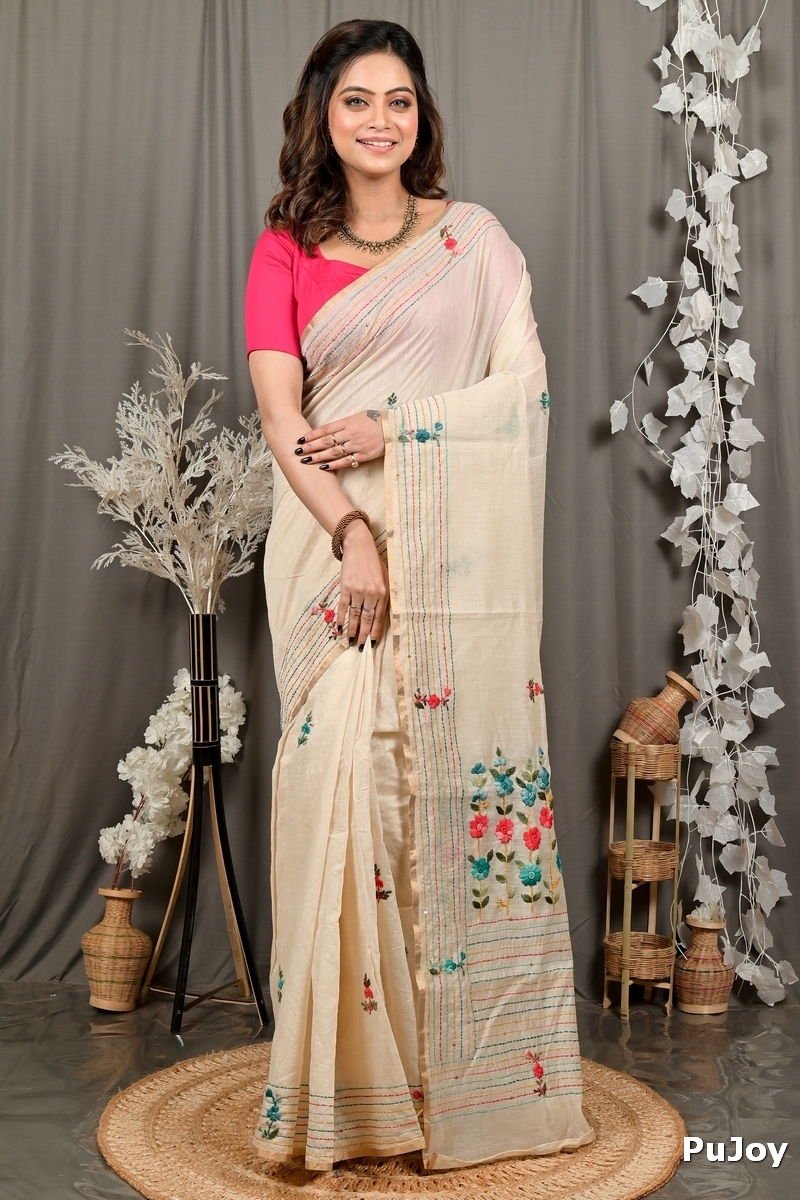 Cream Cotton Varitikath Kantha Stitch Saree (3136)