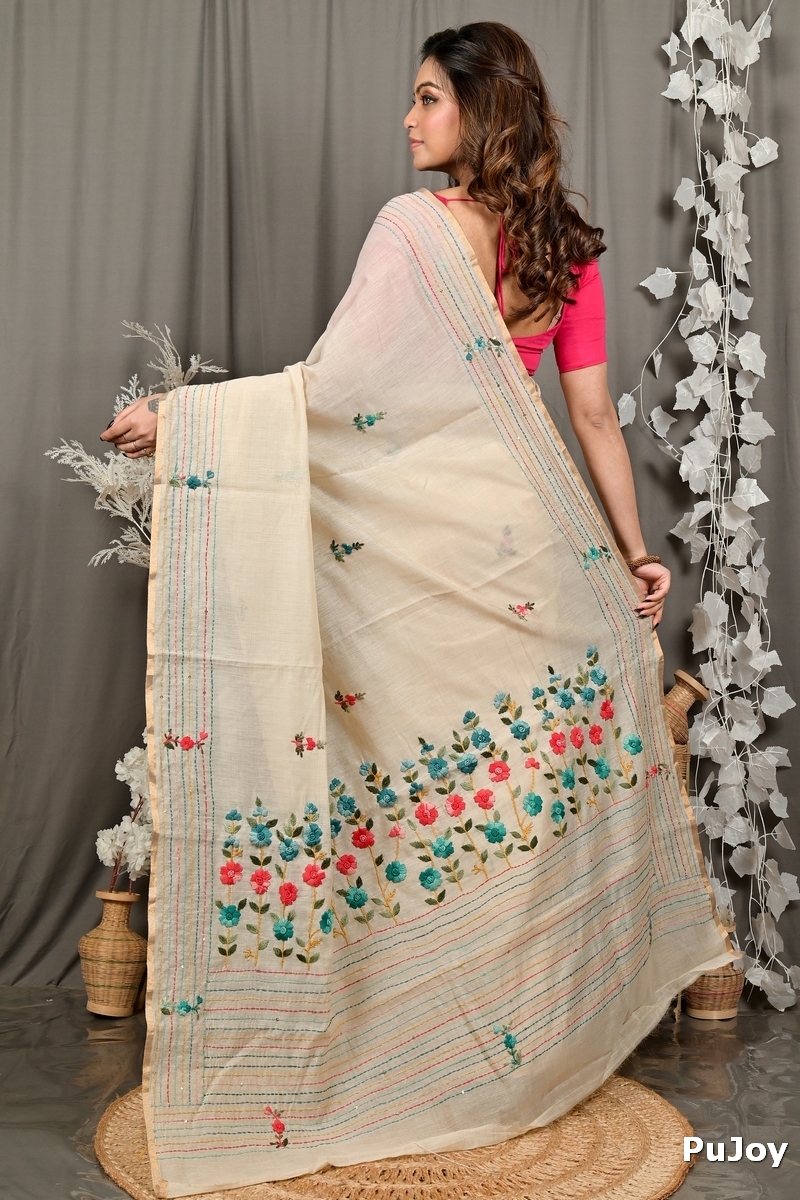 Cream Cotton Varitikath Kantha Stitch Saree (3136)