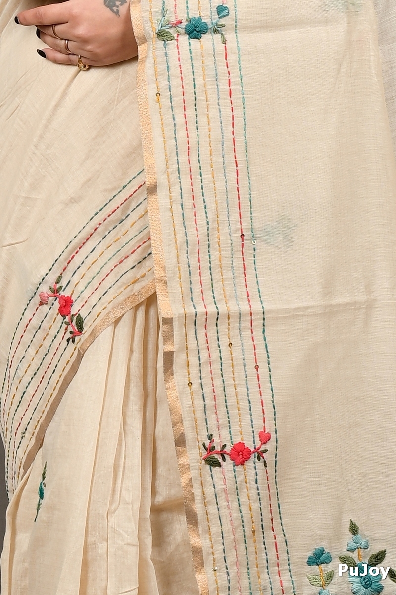 Cream Cotton Varitikath Kantha Stitch Saree (3136)