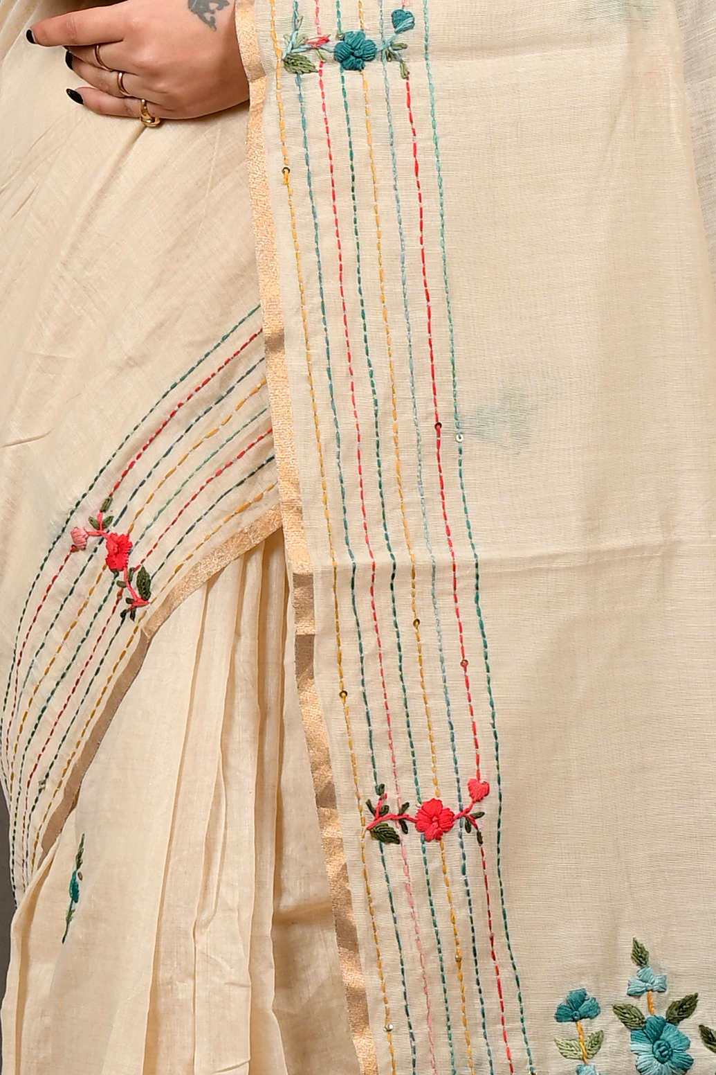 Cream Cotton Varitikath Kantha Stitch Saree (3136)