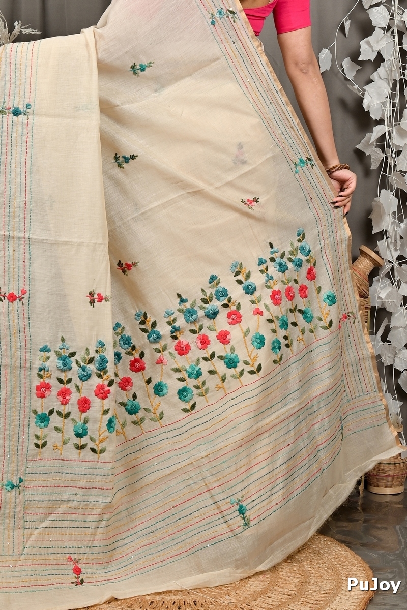 Cream Cotton Varitikath Kantha Stitch Saree (3136)