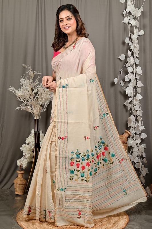 Cream Cotton Varitikath Kantha Stitch Saree (3136)