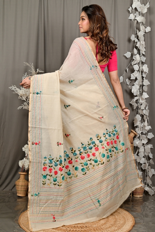 Cream Cotton Varitikath Kantha Stitch Saree (3136)