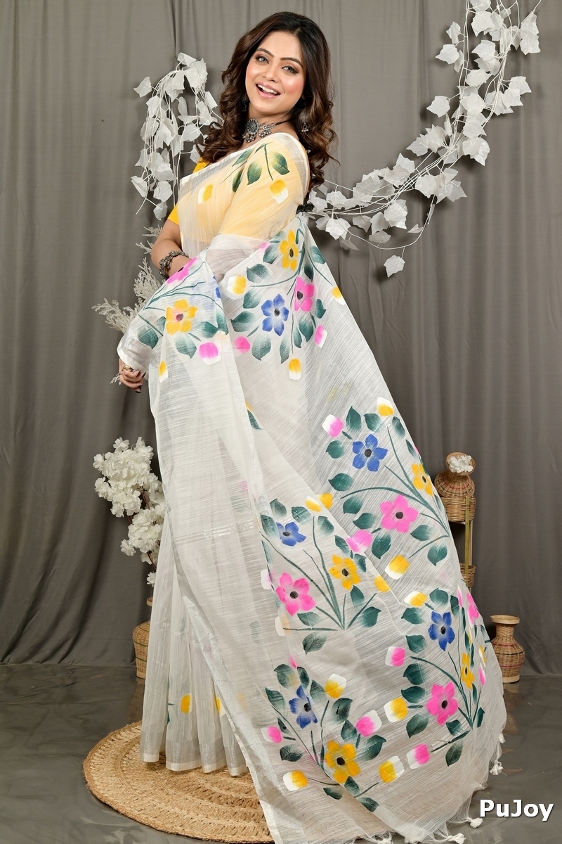 White Blended Cotton Anito Hand Painted Saree (3137)