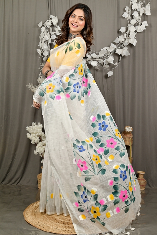 White Blended Cotton Anito Hand Painted Saree (3137)