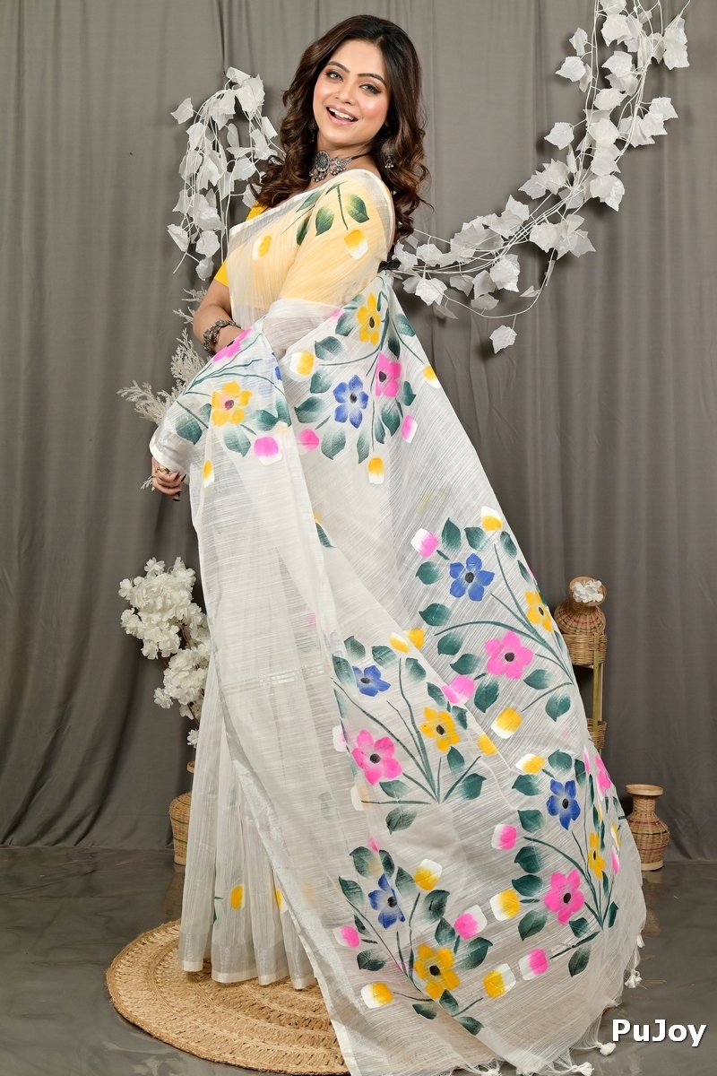 White Blended Cotton Anito Hand Painted Saree (3137)