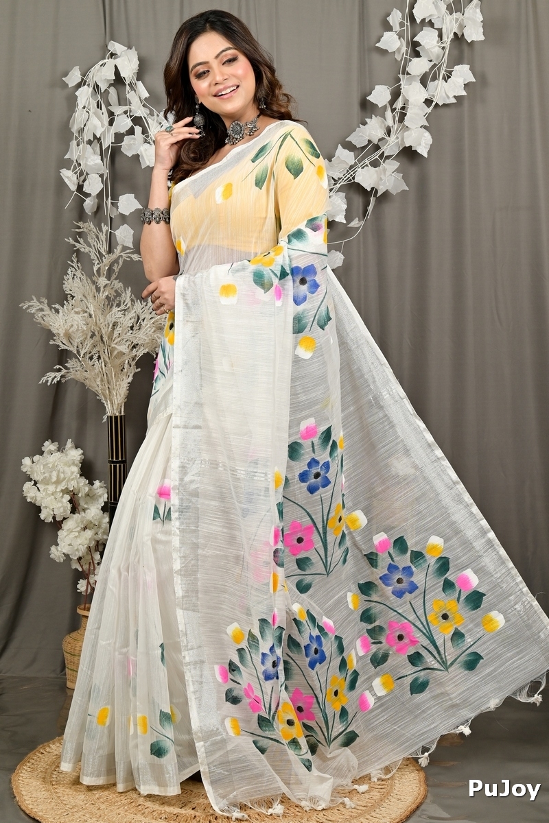 White Blended Cotton Anito Hand Painted Saree (3137)