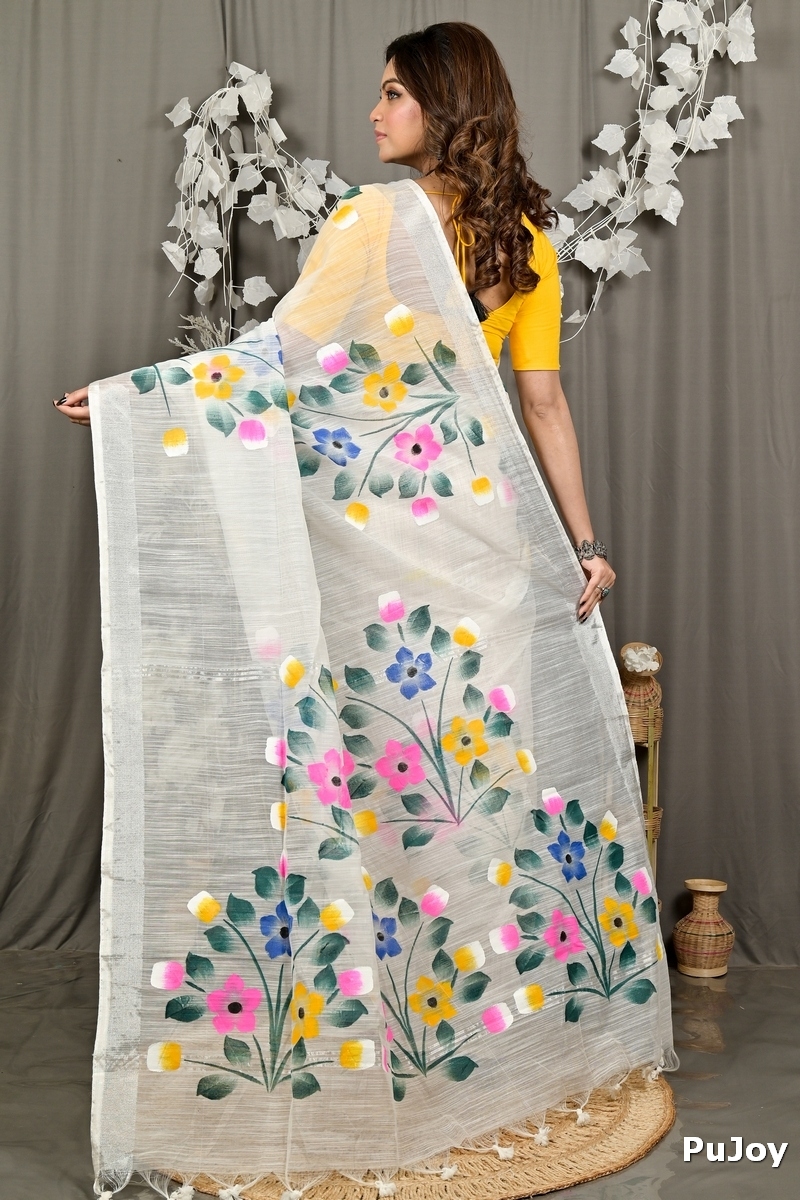 White Blended Cotton Anito Hand Painted Saree (3137)