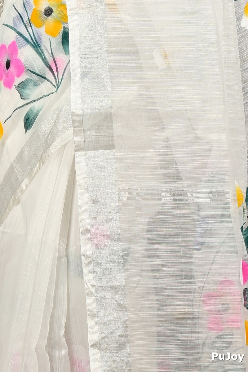 White Blended Cotton Anito Hand Painted Saree (3137)