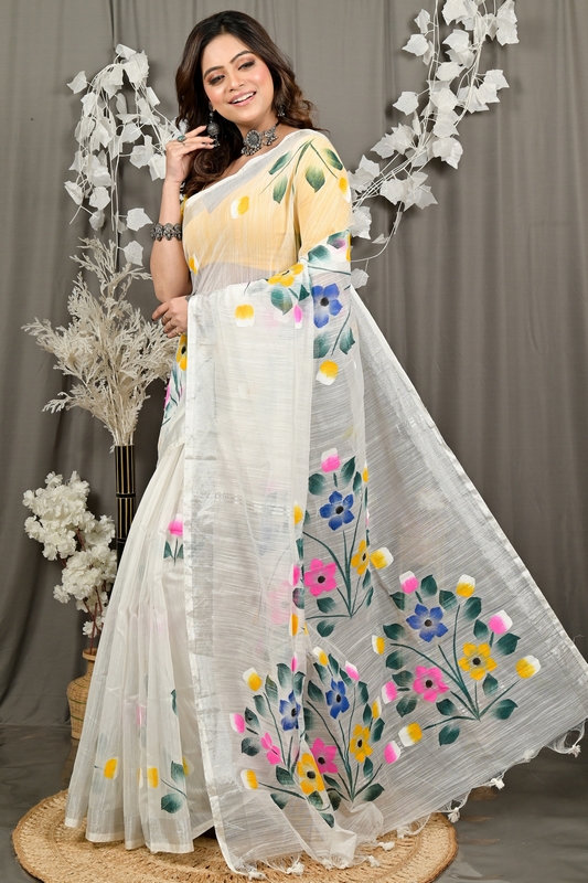 White Blended Cotton Anito Hand Painted Saree (3137)