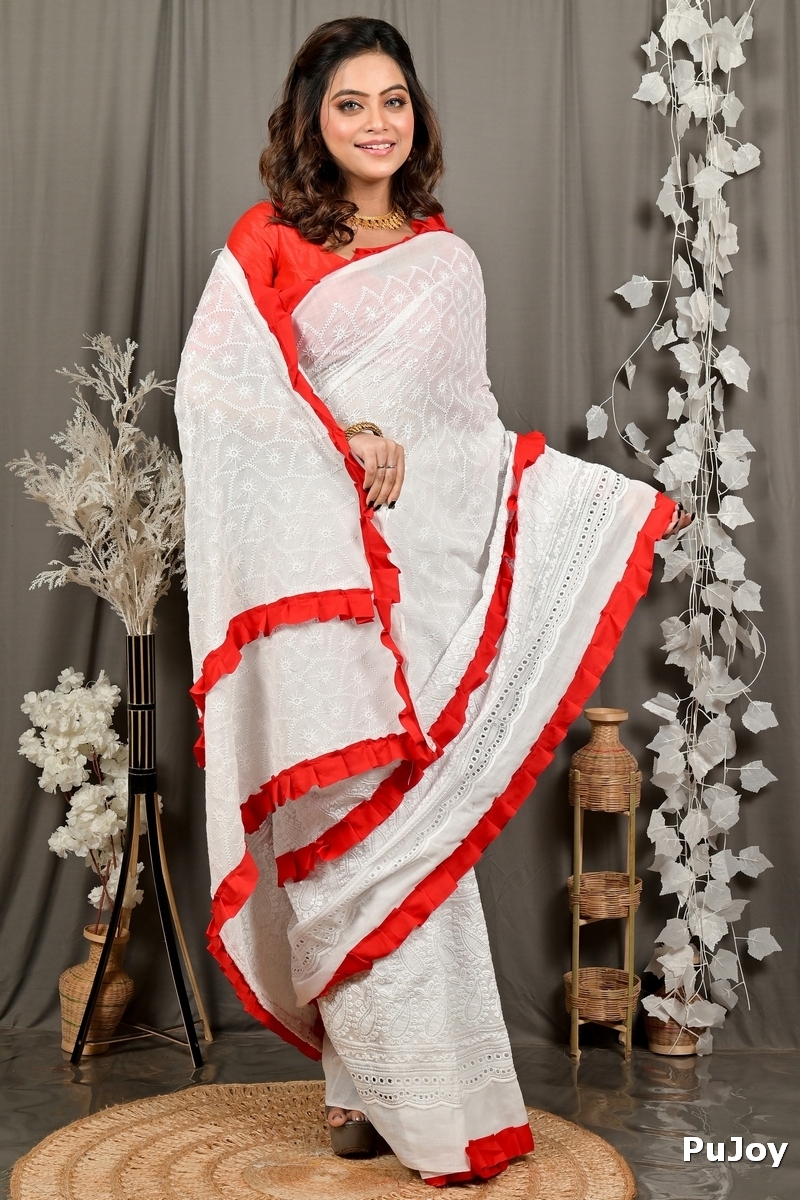 White Red Pure Cotton Borma Hand Loom Saree (3138)