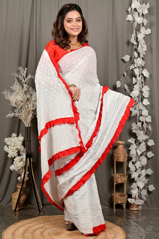 White Red Pure Cotton Borma Hand Loom Saree (3138)