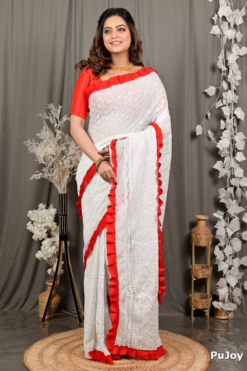 White Red Pure Cotton Borma Hand Loom Saree (3138)